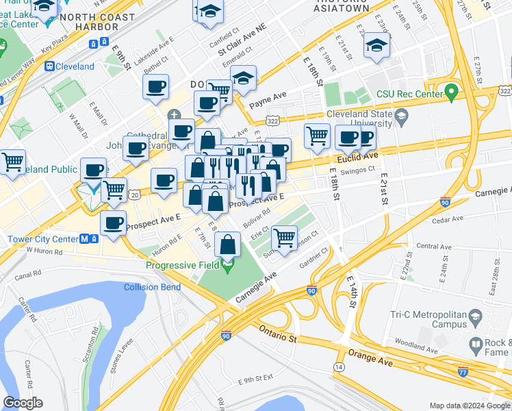map of restaurants, bars, coffee shops, grocery stores, and more near 1010 Prospect Avenue East in Cleveland