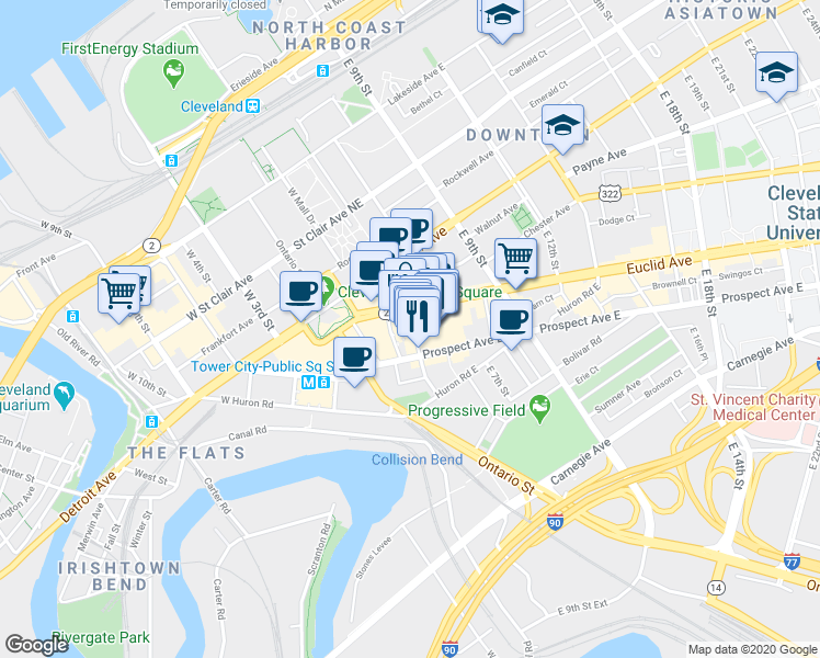 map of restaurants, bars, coffee shops, grocery stores, and more near 2051 East 4th Street in Cleveland