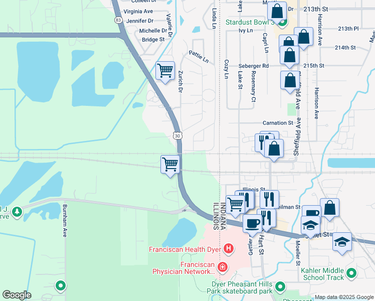 map of restaurants, bars, coffee shops, grocery stores, and more near 397 Darren Drive in Chicago Heights