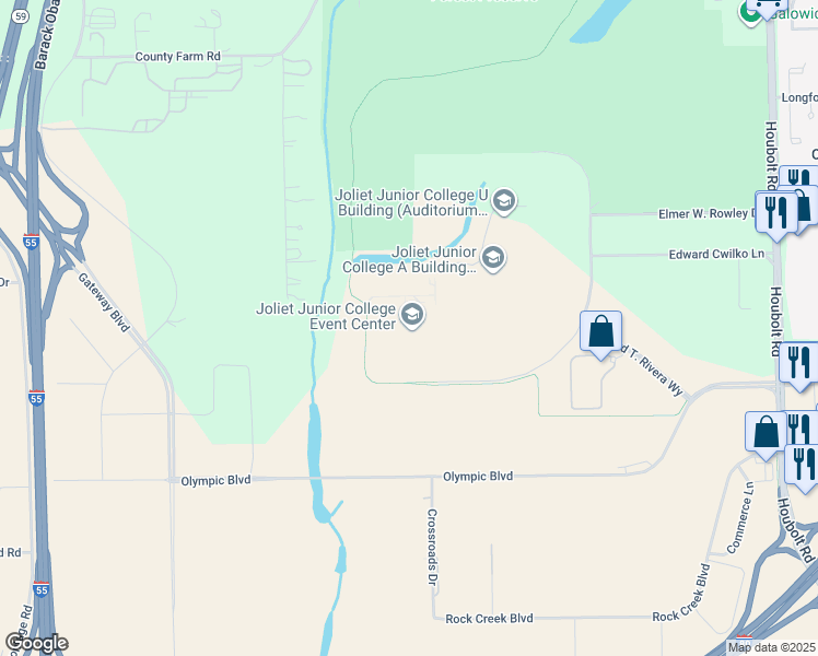 map of restaurants, bars, coffee shops, grocery stores, and more near Rock Run Trail in Joliet