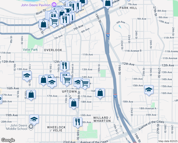 map of restaurants, bars, coffee shops, grocery stores, and more near 1712 13th Avenue in Moline