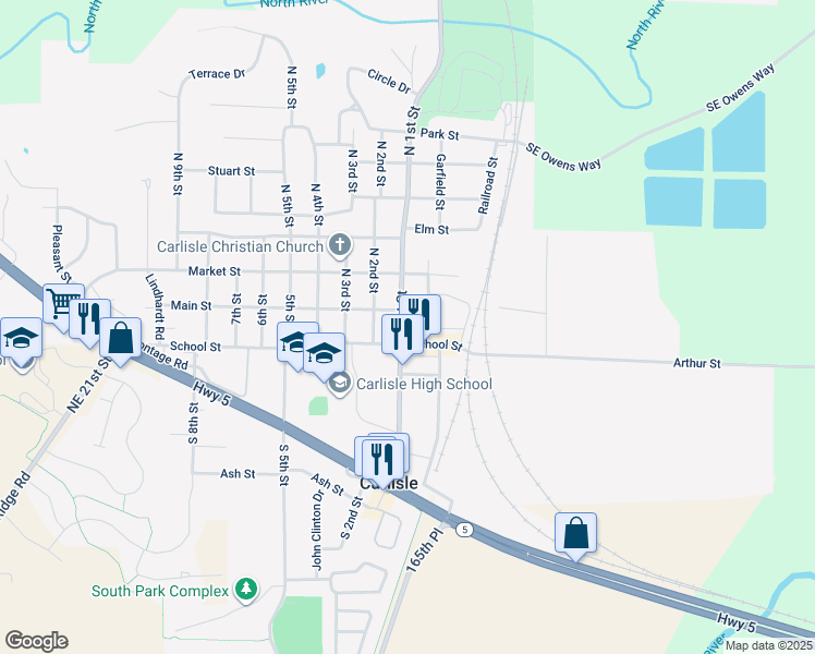 map of restaurants, bars, coffee shops, grocery stores, and more near 155 South Garfield Street in Carlisle