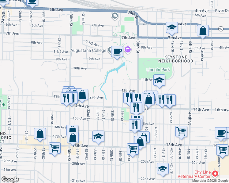 map of restaurants, bars, coffee shops, grocery stores, and more near 1201 35th Street in Rock Island