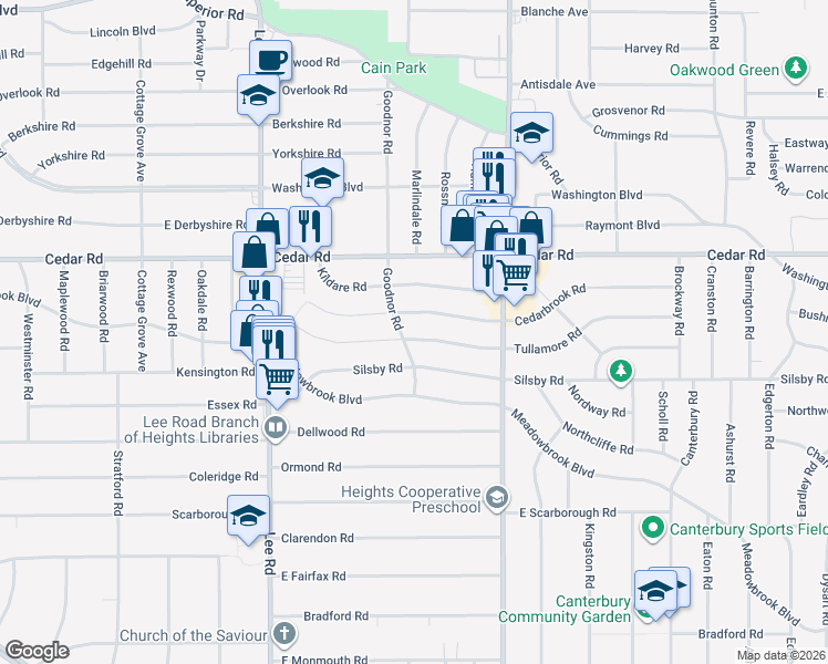 map of restaurants, bars, coffee shops, grocery stores, and more near 3351 Tullamore Road in Cleveland Heights