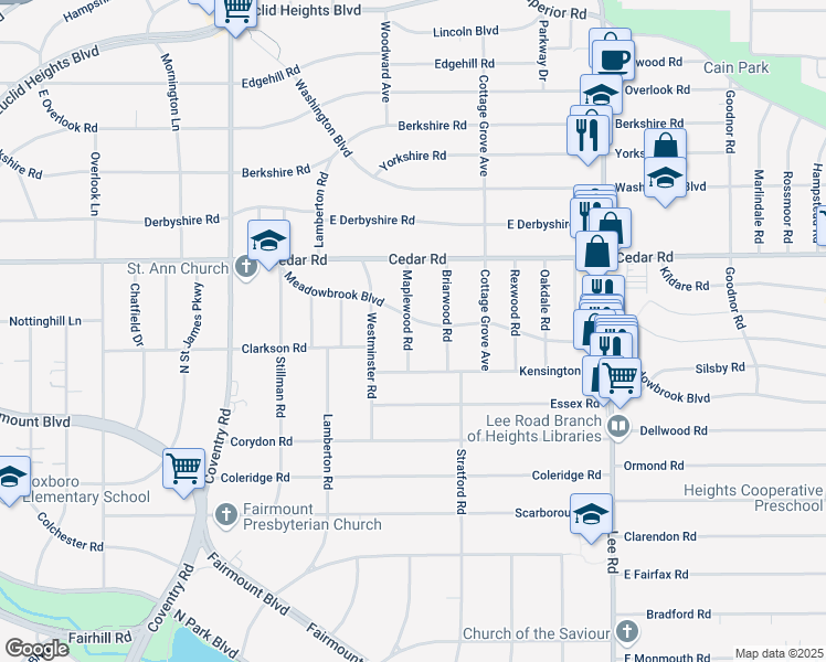 map of restaurants, bars, coffee shops, grocery stores, and more near 2219 Maplewood Road in Cleveland Heights