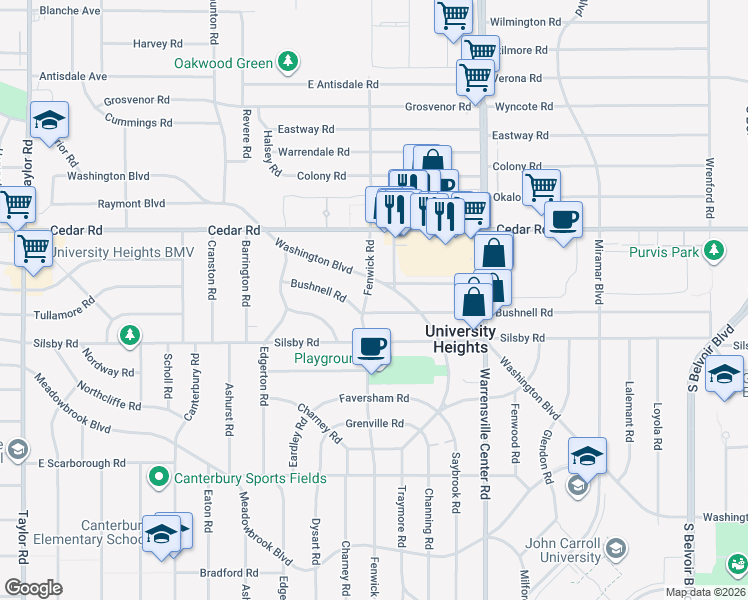 map of restaurants, bars, coffee shops, grocery stores, and more near 2232 Fenwick Road in University Heights
