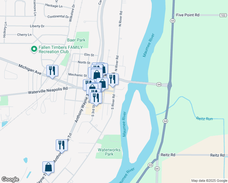 map of restaurants, bars, coffee shops, grocery stores, and more near in Waterville