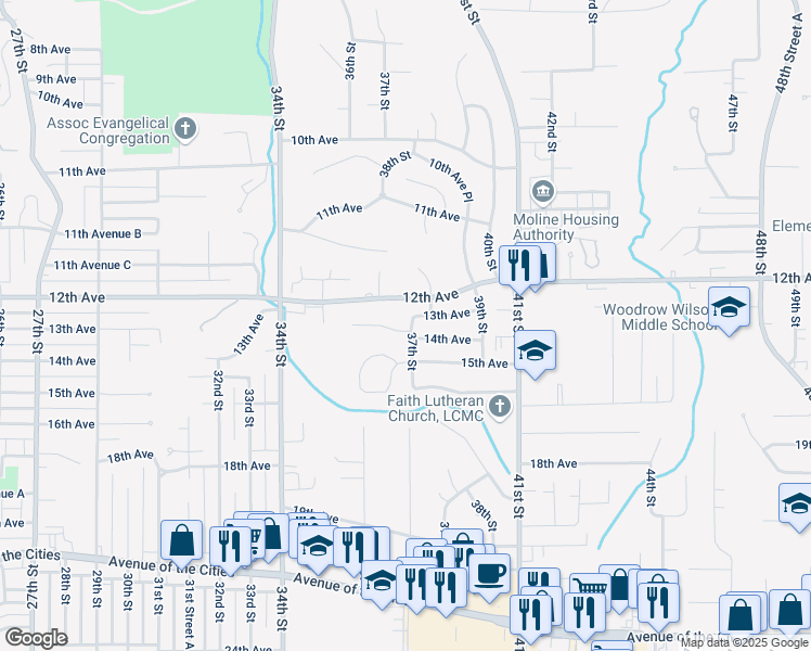 map of restaurants, bars, coffee shops, grocery stores, and more near 1303 37th Street in Moline