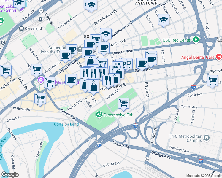 map of restaurants, bars, coffee shops, grocery stores, and more near 1104 Prospect Avenue in Cleveland