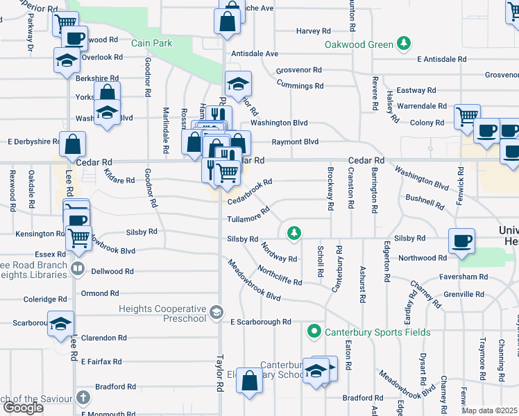 map of restaurants, bars, coffee shops, grocery stores, and more near 2220 Jackson Boulevard in Cleveland Heights