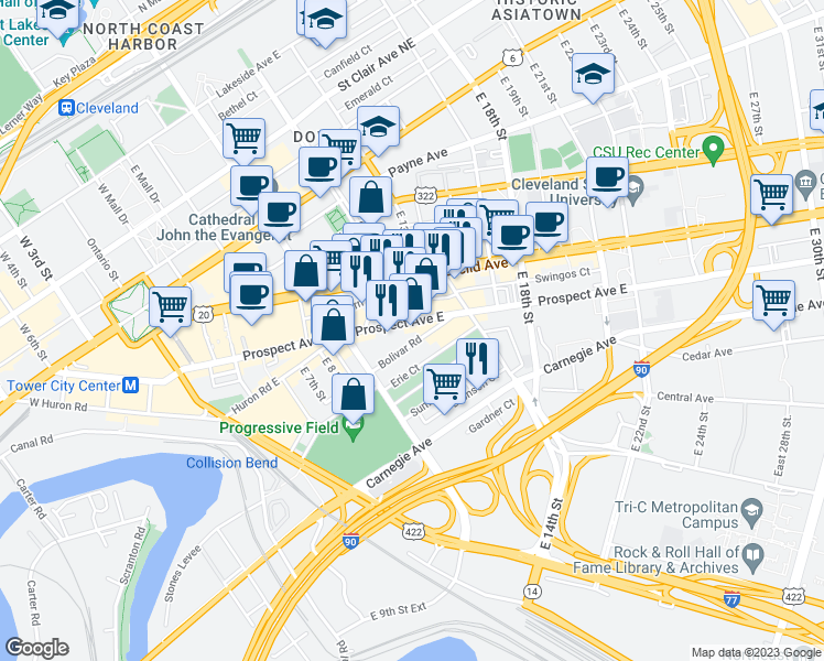 map of restaurants, bars, coffee shops, grocery stores, and more near 1122 Prospect Avenue East in Cleveland