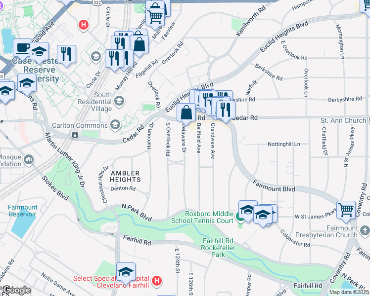 map of restaurants, bars, coffee shops, grocery stores, and more near 2221 Delaware Dr in Cleveland Heights