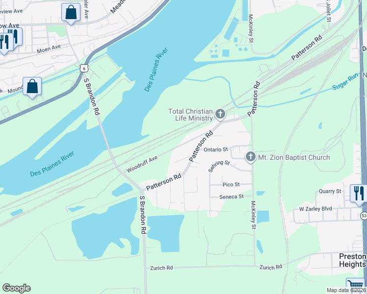map of restaurants, bars, coffee shops, grocery stores, and more near 608 Woodruff Avenue in Joliet