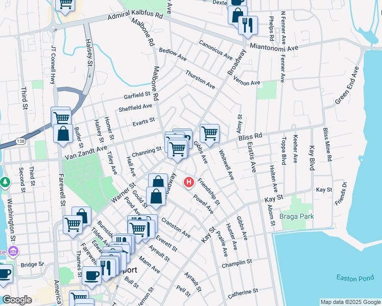 map of restaurants, bars, coffee shops, grocery stores, and more near 10 Bliss Road in Newport