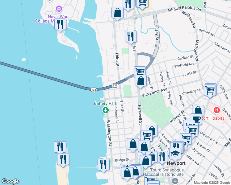 map of restaurants, bars, coffee shops, grocery stores, and more near 108 2nd Street in Newport