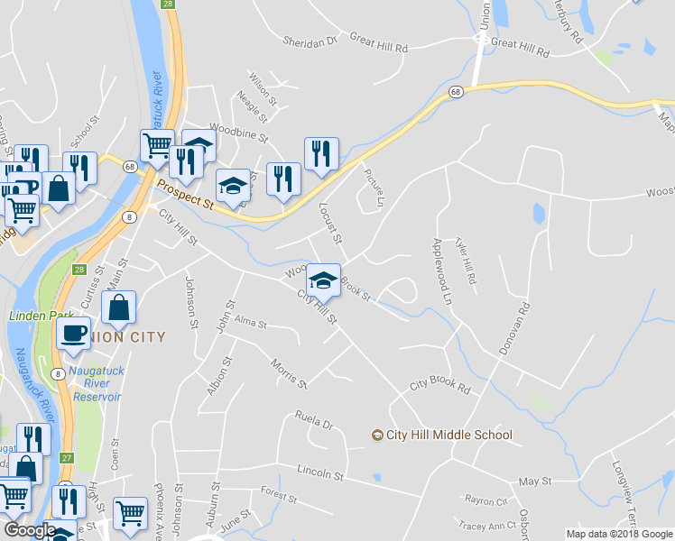 map of restaurants, bars, coffee shops, grocery stores, and more near 2 Brook Street in Naugatuck
