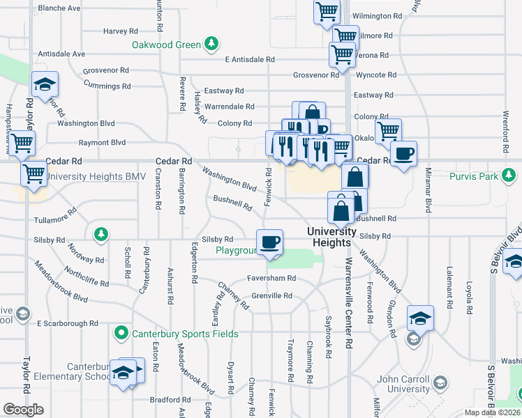map of restaurants, bars, coffee shops, grocery stores, and more near 2232 Fenwick Road in University Heights