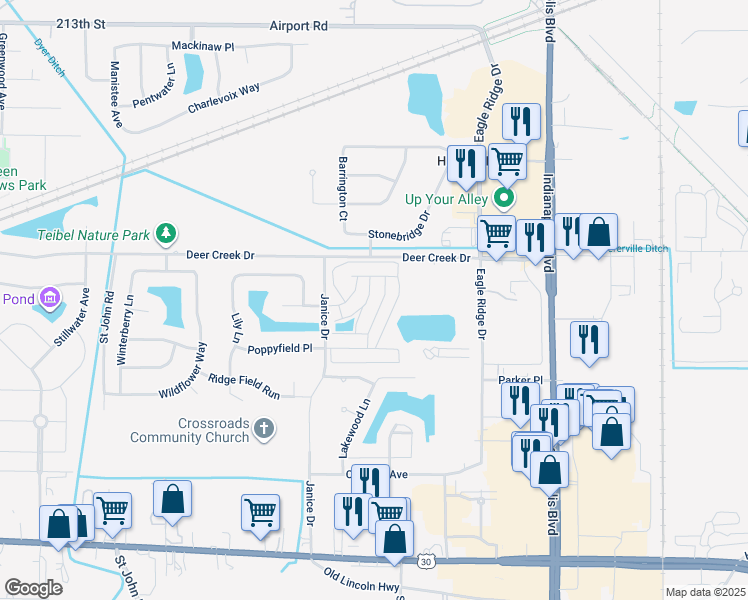 map of restaurants, bars, coffee shops, grocery stores, and more near 1228 Primrose Lane in Schererville