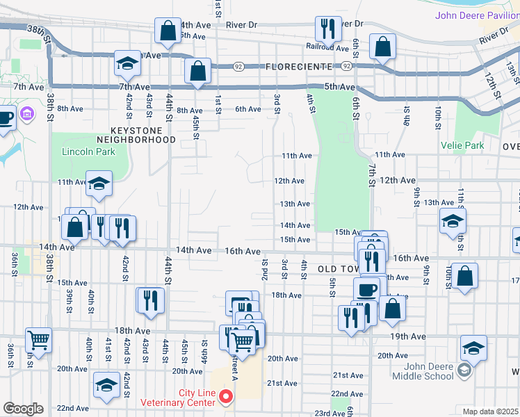 map of restaurants, bars, coffee shops, grocery stores, and more near 201 13th Avenue in Moline