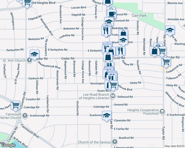 map of restaurants, bars, coffee shops, grocery stores, and more near 3105 Meadowbrook Boulevard in Cleveland Heights