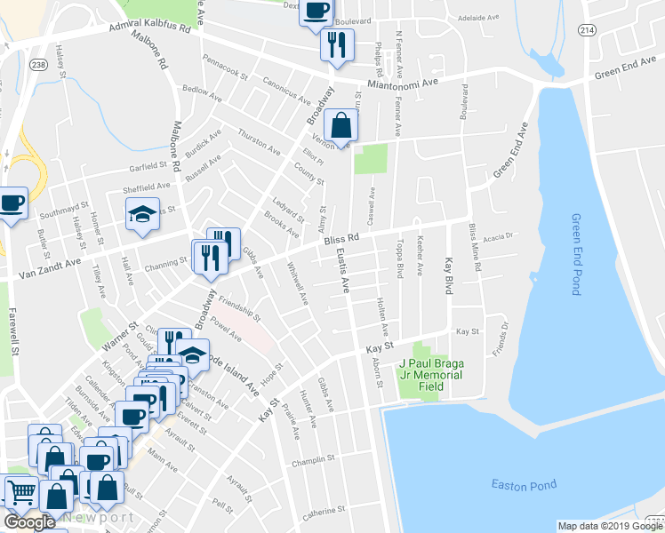 map of restaurants, bars, coffee shops, grocery stores, and more near 6 Wilbur Street in Newport