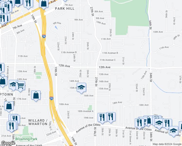 map of restaurants, bars, coffee shops, grocery stores, and more near 2611 13th Avenue in Moline