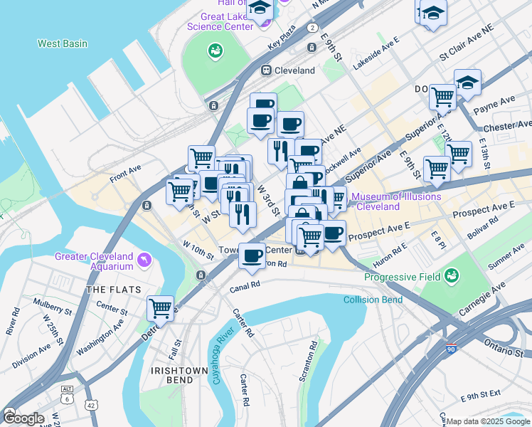 map of restaurants, bars, coffee shops, grocery stores, and more near 1426 West 3rd Street in Cleveland
