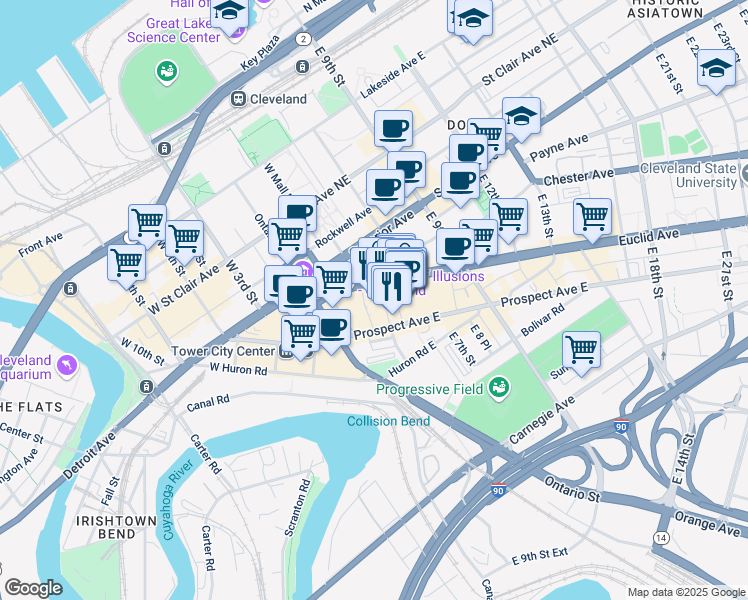 map of restaurants, bars, coffee shops, grocery stores, and more near 308 Euclid Avenue in Cleveland