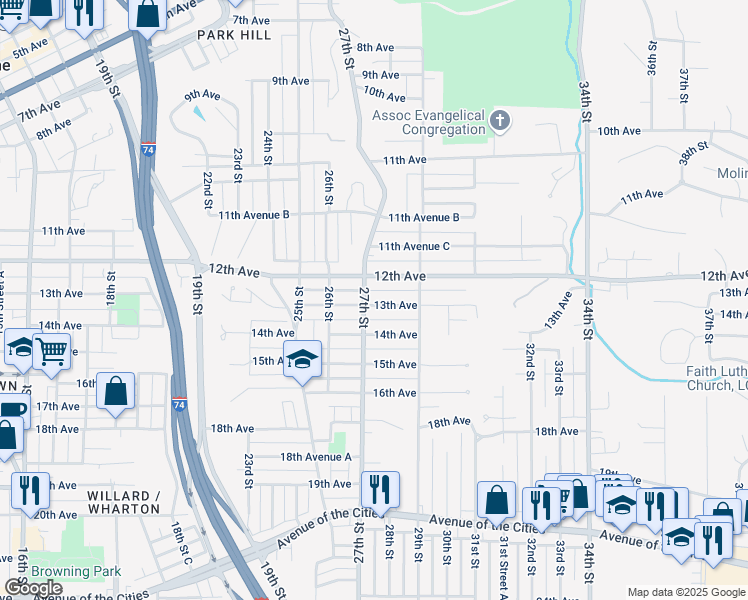 map of restaurants, bars, coffee shops, grocery stores, and more near 2707 13th Avenue in Moline