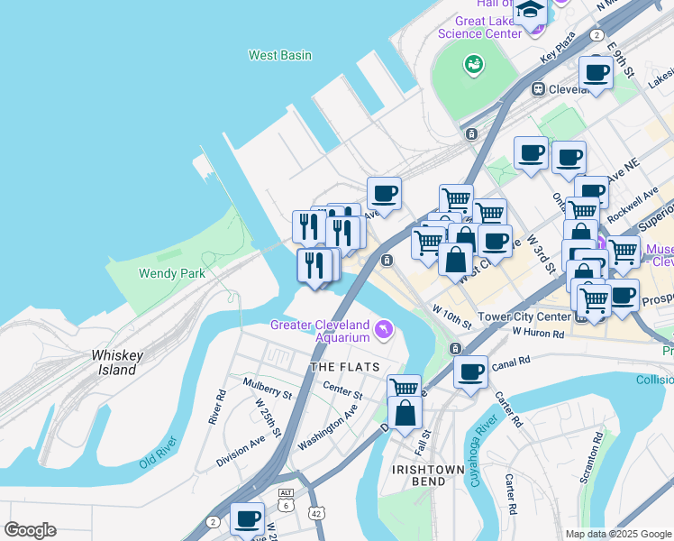 map of restaurants, bars, coffee shops, grocery stores, and more near 1096 Old River Road in Cleveland