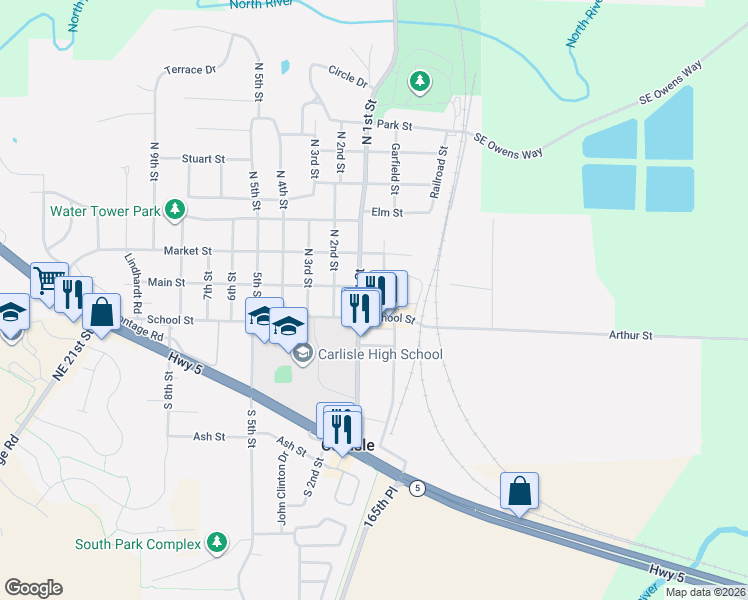 map of restaurants, bars, coffee shops, grocery stores, and more near 155 South Garfield Street in Carlisle