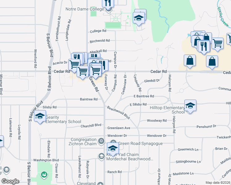 map of restaurants, bars, coffee shops, grocery stores, and more near 2183 Campus Road in Beachwood