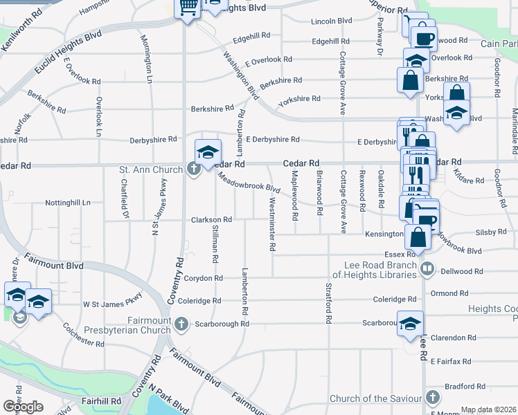 map of restaurants, bars, coffee shops, grocery stores, and more near 2220 Kerrwood Road in Cleveland Heights