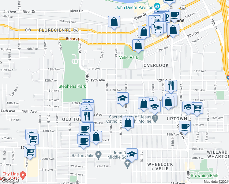 map of restaurants, bars, coffee shops, grocery stores, and more near 928 13th Avenue in Moline