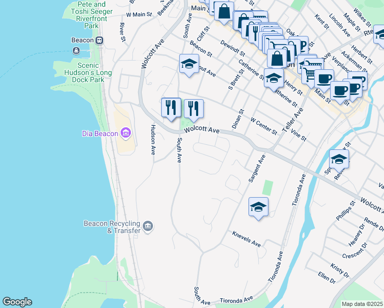 map of restaurants, bars, coffee shops, grocery stores, and more near 30 Iris Circle in Beacon
