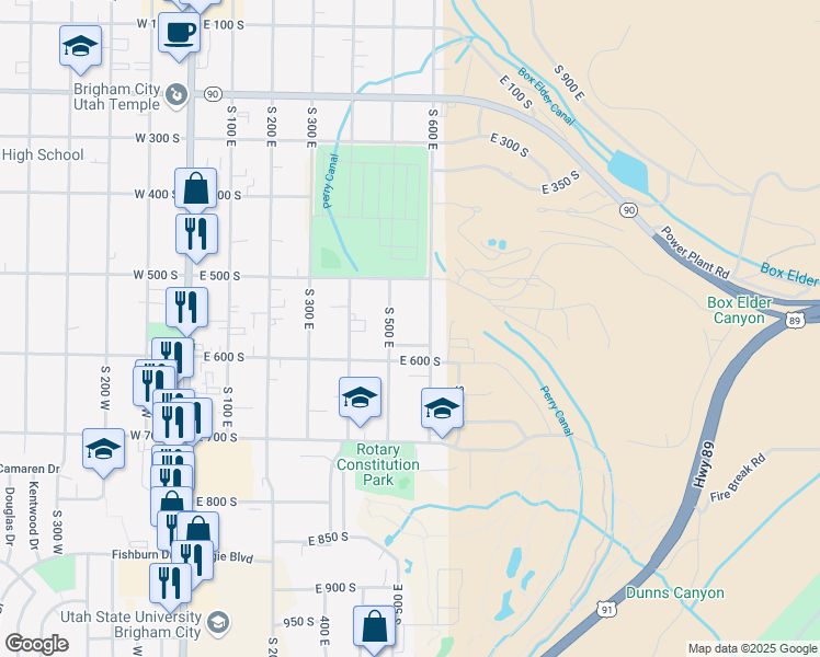 map of restaurants, bars, coffee shops, grocery stores, and more near 553 S 500 E in Brigham City