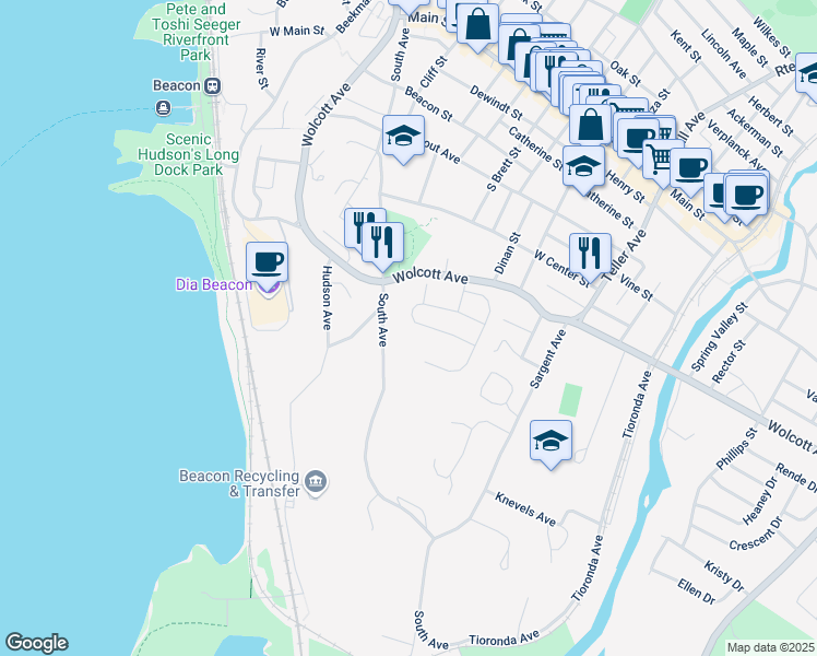 map of restaurants, bars, coffee shops, grocery stores, and more near 30 Iris Circle in Beacon
