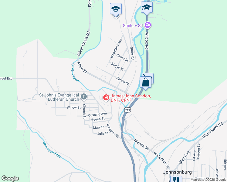 map of restaurants, bars, coffee shops, grocery stores, and more near 121 Clarion Road in Johnsonburg