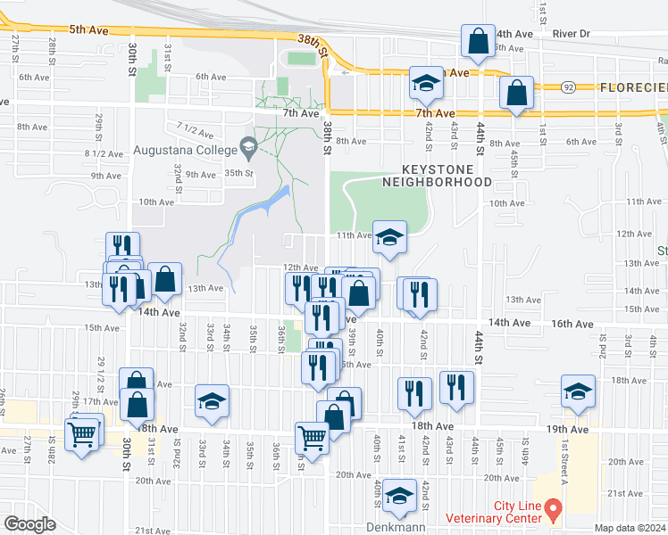 map of restaurants, bars, coffee shops, grocery stores, and more near 1133 38th Street in Rock Island