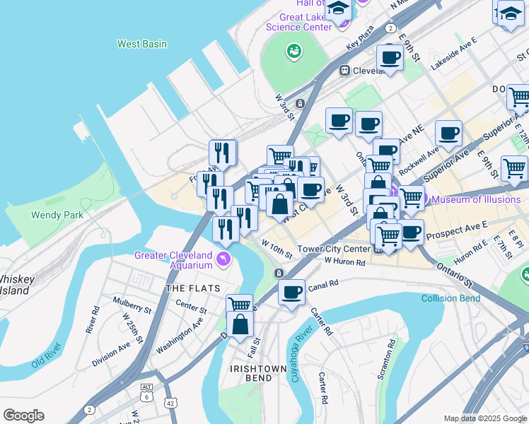 map of restaurants, bars, coffee shops, grocery stores, and more near 1278 West 9th Street in Cleveland
