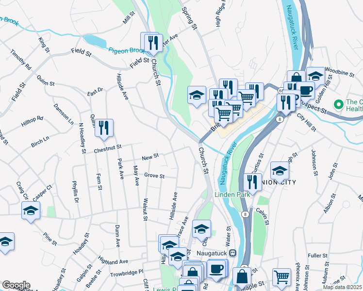 map of restaurants, bars, coffee shops, grocery stores, and more near 37 New Street in Naugatuck
