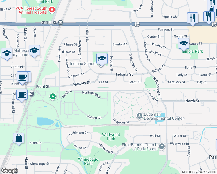 map of restaurants, bars, coffee shops, grocery stores, and more near 321 Hickory Street in Chicago Heights
