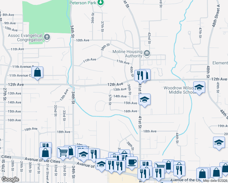 map of restaurants, bars, coffee shops, grocery stores, and more near 3708 13th Avenue in Moline