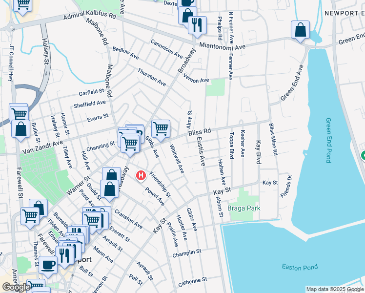 map of restaurants, bars, coffee shops, grocery stores, and more near 15 Brightman St in Newport