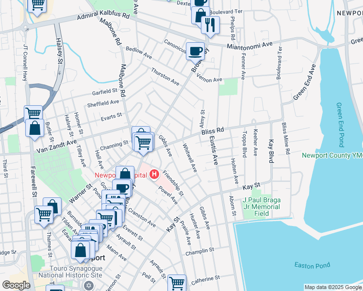map of restaurants, bars, coffee shops, grocery stores, and more near 29 1/2 Bliss Road in Newport