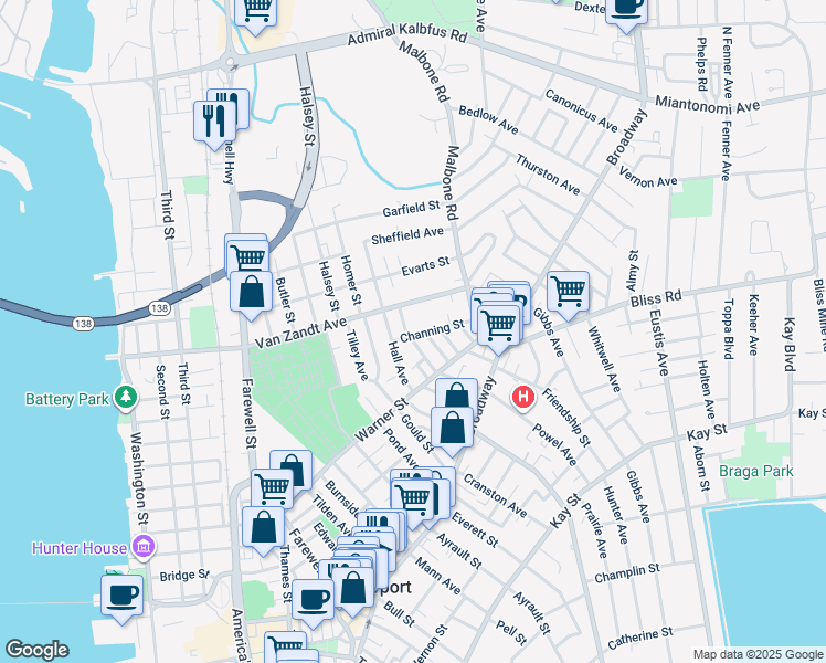 map of restaurants, bars, coffee shops, grocery stores, and more near 23 Channing Street in Newport