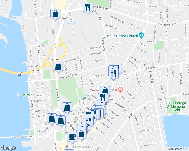 map of restaurants, bars, coffee shops, grocery stores, and more near 23 Channing Street in Newport