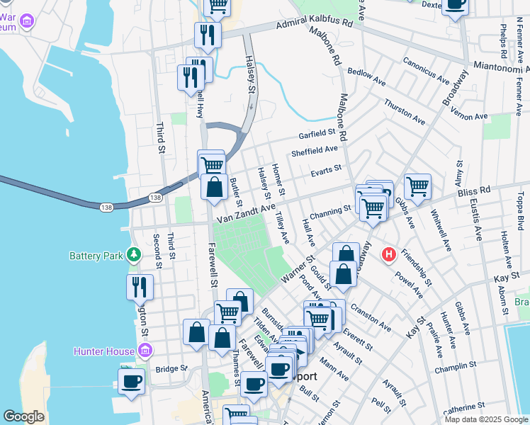 map of restaurants, bars, coffee shops, grocery stores, and more near 26 Tilley Avenue in Newport