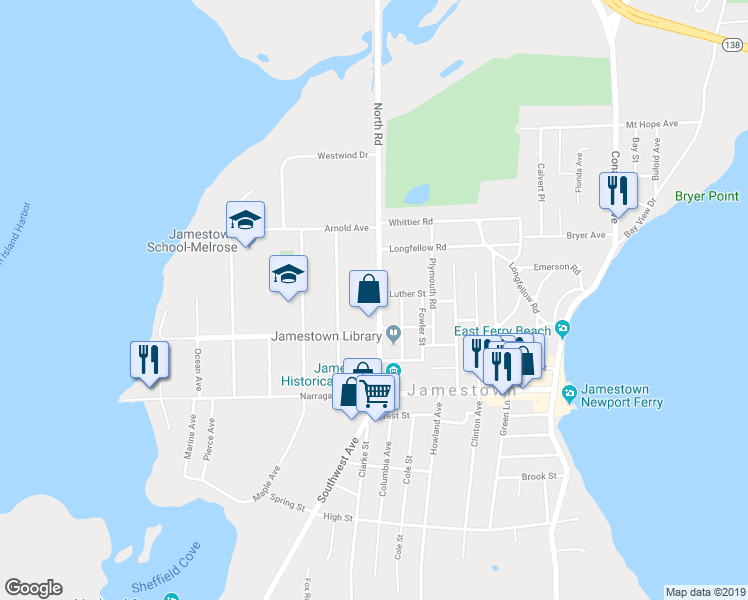 map of restaurants, bars, coffee shops, grocery stores, and more near 52 North Road in Jamestown