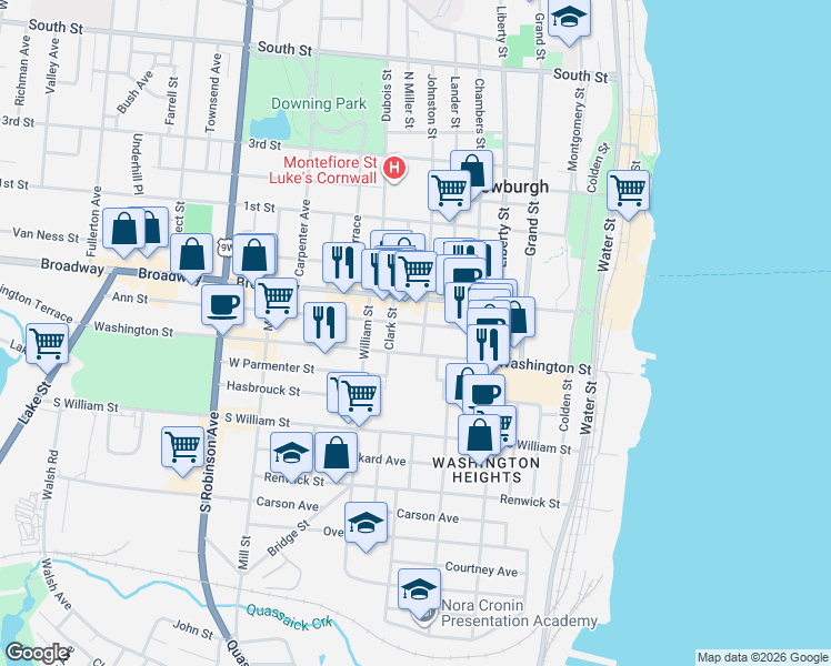 map of restaurants, bars, coffee shops, grocery stores, and more near 158 Washington Street in Newburgh